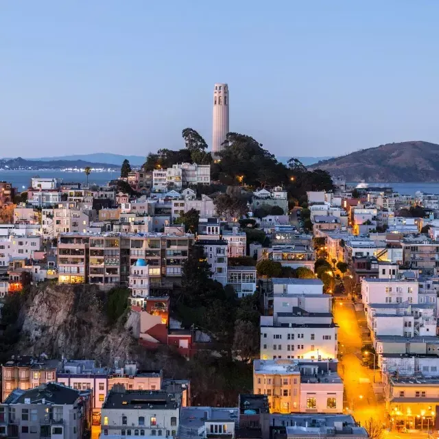 La Torre Coit de San Francisco al anochecer, 与灯火通明的街道在它前面和贝博体彩app湾在它后面.